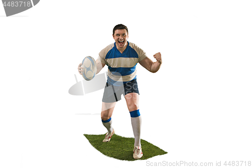 Image of The silhouette of one caucasian rugby man player isolated on white background