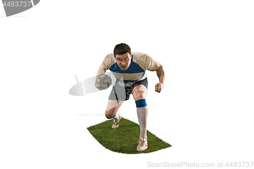 Image of The silhouette of one caucasian rugby man player isolated on white background