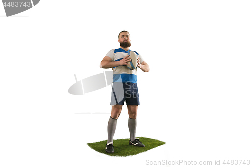 Image of The silhouette of one caucasian rugby man player isolated on white background