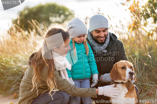 Image of happy family with beagle dog outdoors in autumn