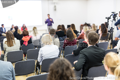 Image of Media interview and round table discussion at popular scientific conference.