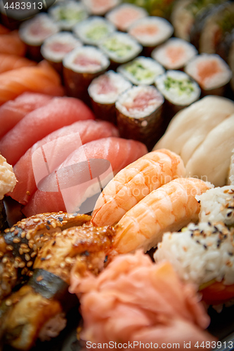 Image of Close up of various types of japanese fresh prepared sushi.