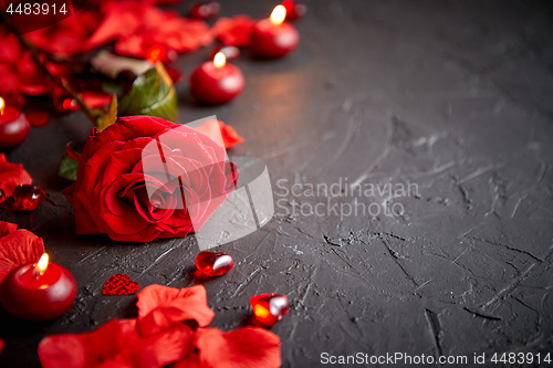 Image of Red rose, petals, candles, dating accessories, boxed gifts, hearts, sequins