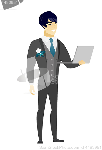 Image of Groom using laptop vector illustration.