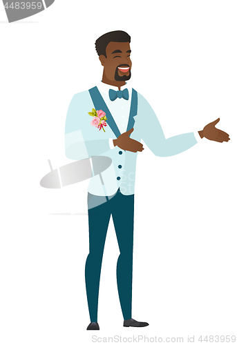 Image of Young african-american happy groom gesturing.