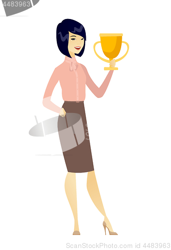 Image of Asian business woman holding a trophy.