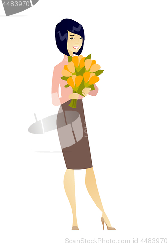 Image of Asian business woman holding bouquet of flowers.