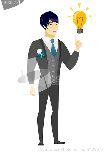 Image of Groom pointing at business idea light bulb.