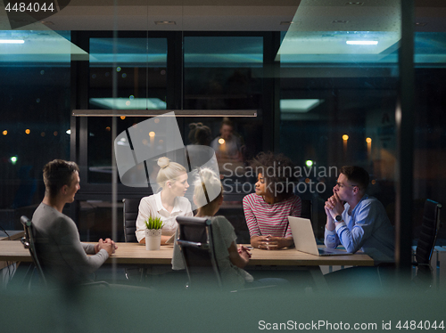 Image of Multiethnic startup business team in night office