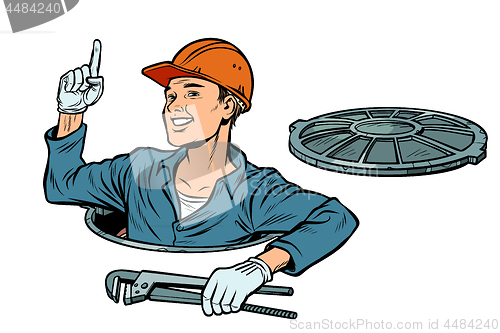 Image of gesture attention. Plumber in the manhole