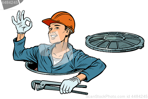 Image of gesture ok okay Plumber in the manhole