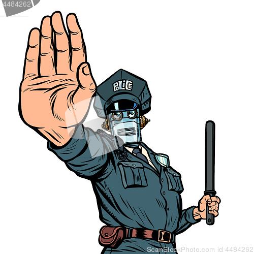 Image of Stop hand gesture. Robot policeman. Isolate on white background