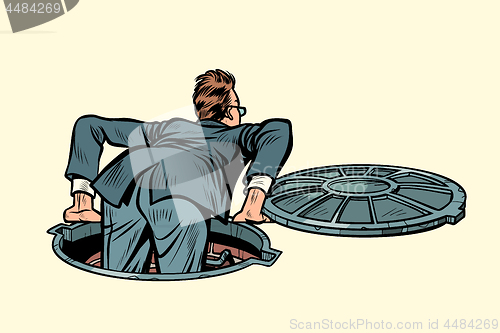 Image of the sewer manhole. businessman climbs up