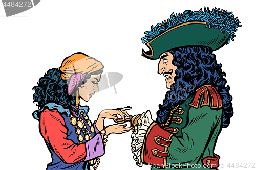 Image of fortune teller and pirate with a hook. isolate on white background