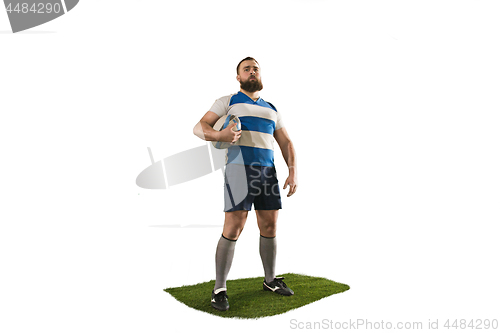 Image of The silhouette of one caucasian rugby man player isolated on white background