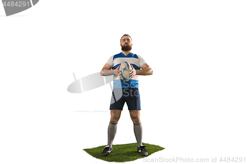 Image of The silhouette of one caucasian rugby man player isolated on white background