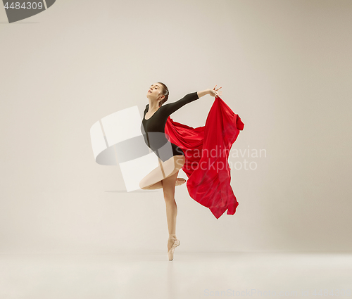 Image of Modern ballet dancer dancing in full body on white studio background.
