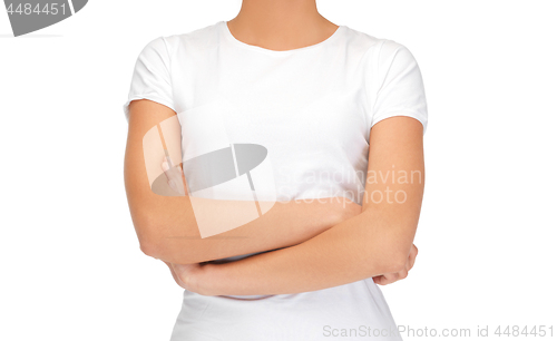 Image of confident woman in blank white t-shirt