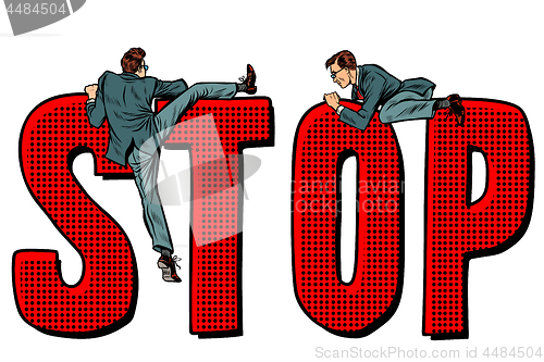 Image of people climb on the word stop