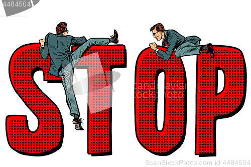 Image of people climb on the word stop