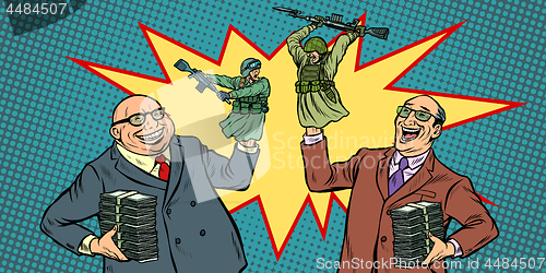 Image of Politicians start wars for money concept. Businessmen laughing soldiers fighting