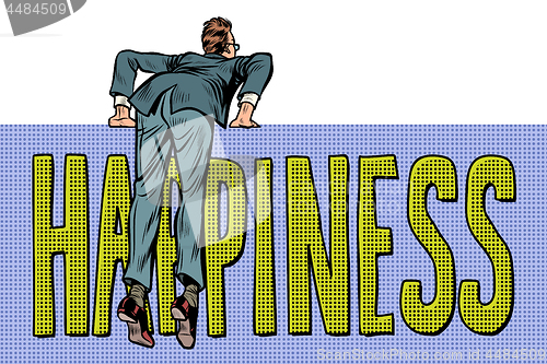 Image of businessman climbs over the fence. happiness word text