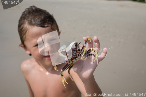 Image of One happy little boy playing on the beach at the day time.