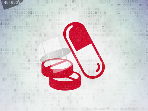 Image of Medicine concept: Pills on Digital Data Paper background