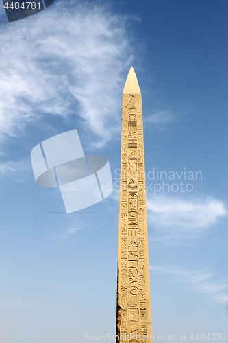 Image of Ancient Obelisk with hieroglyphs at Karnak Temple, Luxor, Egypt