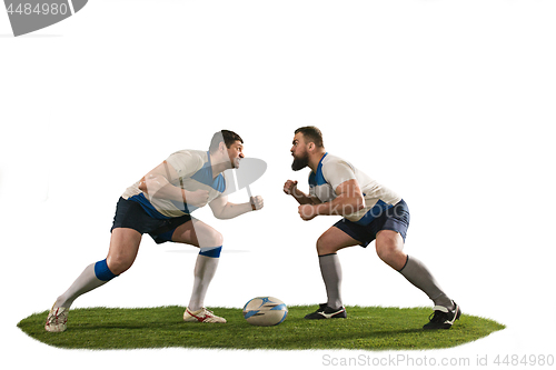 Image of The silhouette of two caucasian rugby man player isolated on white background