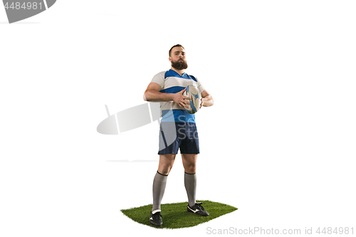 Image of The silhouette of one caucasian rugby man player isolated on white background