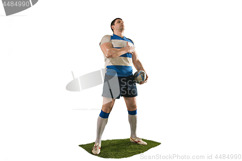 Image of The silhouette of one caucasian rugby man player isolated on white background