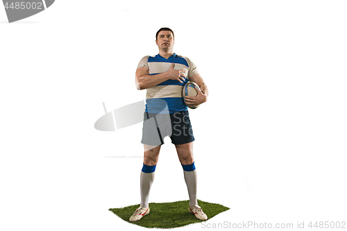 Image of The silhouette of one caucasian rugby man player isolated on white background