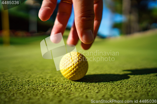 Image of Mini Golf yellow ball on green grass at sunset