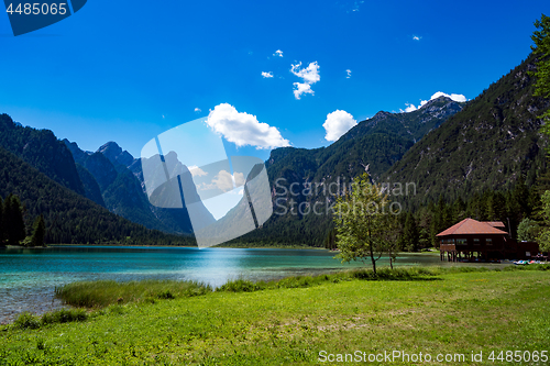 Image of Lake Dobbiaco in the Dolomites, Italy