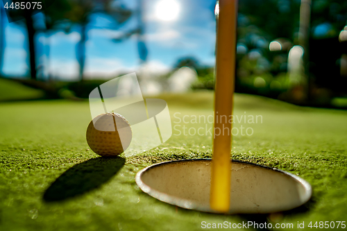 Image of Mini Golf yellow ball on green grass at sunset