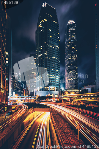 Image of Street traffic in Hong Kong at night