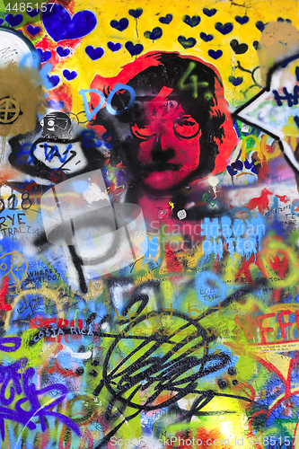 Image of Detail of the famous John Lennon's wall with graffiti in Prague