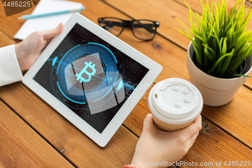 Image of hands with bitcoin on tablet pc computer screen