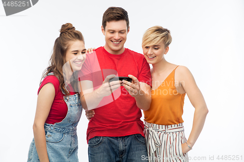 Image of friends with smartphone over white background