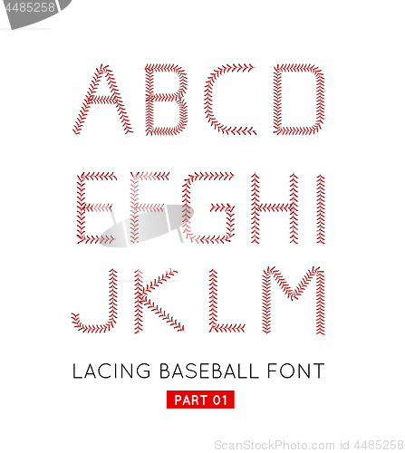 Image of Baseball font made from baseball ball lacing along the contours of the letters. Vector illustration on white background. Part 01