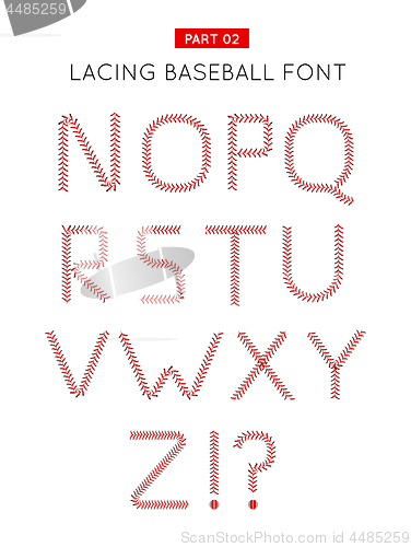 Image of Baseball font made from baseball ball lacing along the contours of the letters. Vector illustration on white background. Part 02