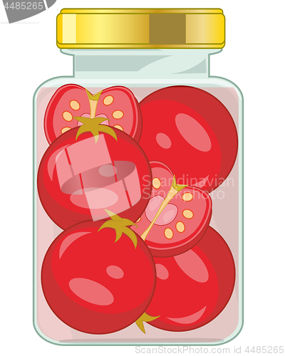 Image of Glass bank with ripe tomato on white background