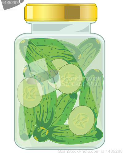 Image of Glass bank with salty cucumber on white background