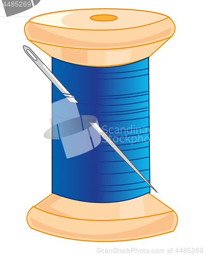 Image of Wooden spool with thread and needle.Vector illustration