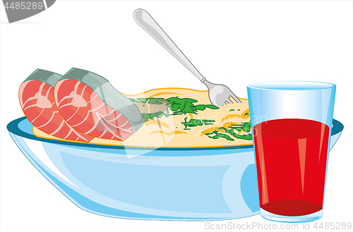 Image of Plate with fish dish and drink juice