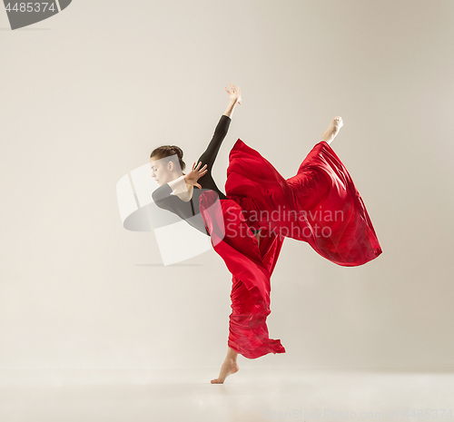 Image of Modern ballet dancer dancing in full body on white studio background.