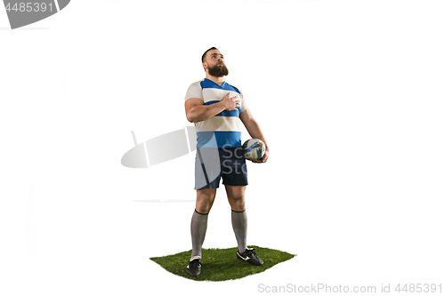 Image of The silhouette of one caucasian rugby man player isolated on white background