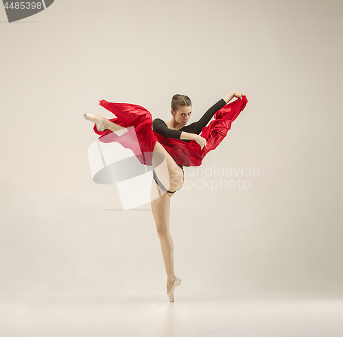 Image of Modern ballet dancer dancing in full body on white studio background.