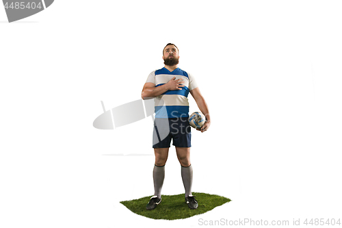 Image of The silhouette of one caucasian rugby man player isolated on white background